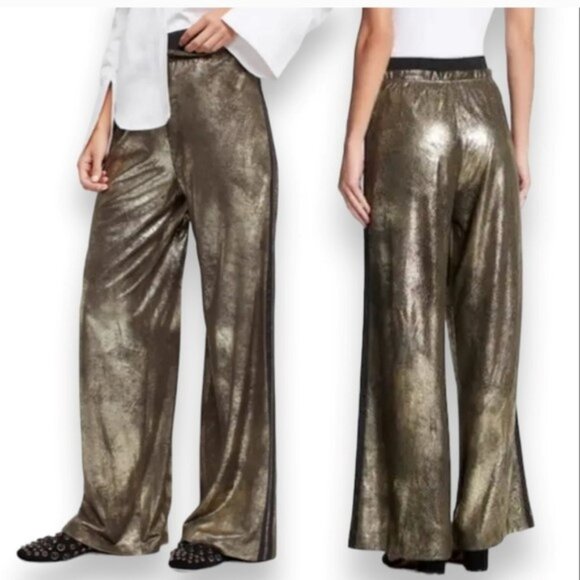FREE PEOPLE VEGAN GOLD METALLIC WIDE LEG TRACK PANTS M - Picture 2 of 8